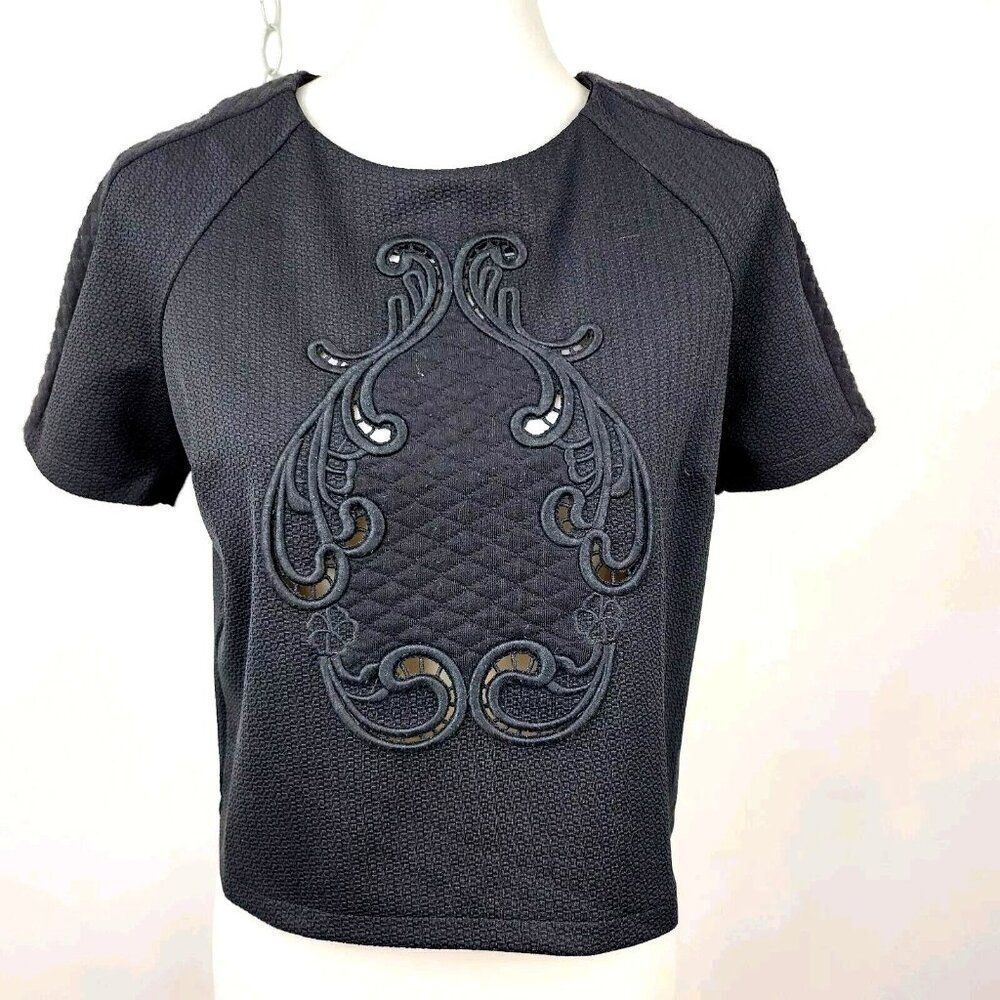 Tobi Black Round Neck Cropped Short Sleeve Boxy Top Embroidered Front Womens M